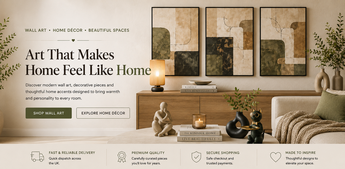 A promotional banner for Cozyloom home decor, featuring a styled living room scene with three framed abstract wall art prints above a sofa. The banner includes text such as 'Art That Makes Home Feel Like Home,' feature callouts, and the Cozyloom logo at the bottom.